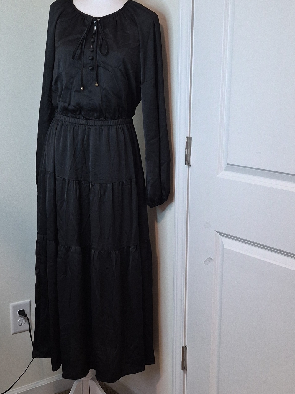 Black Long-Sleeve Tiered Maxi Dress with Tie Neck